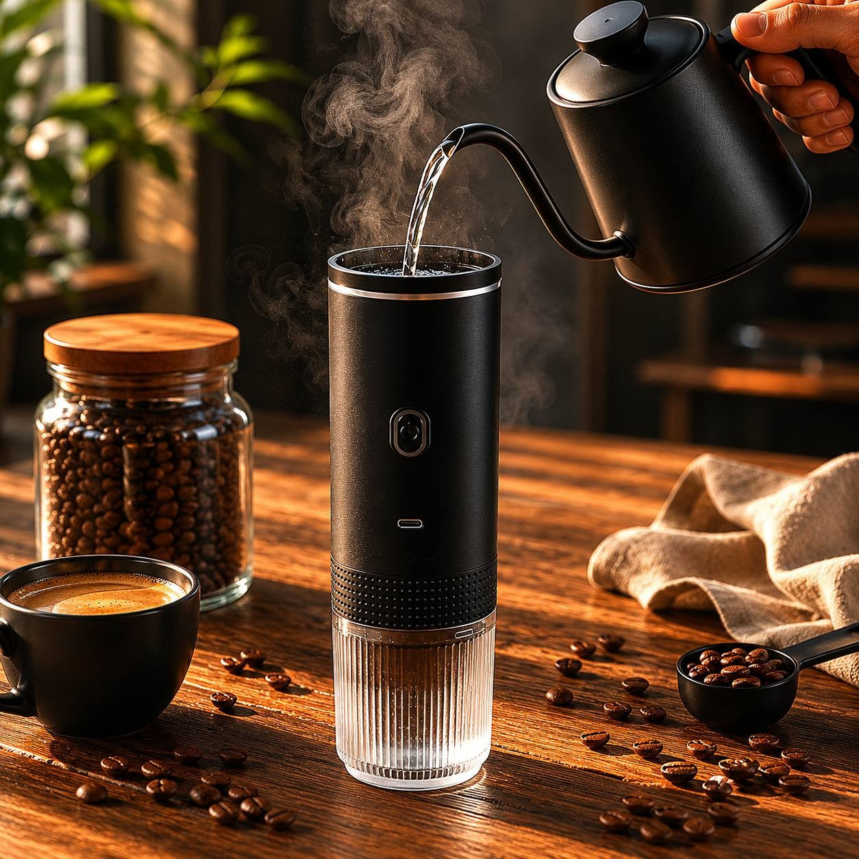 Step-by-step guide on how to fill a portable espresso maker with hot water for quick and easy coffee preparation on the go