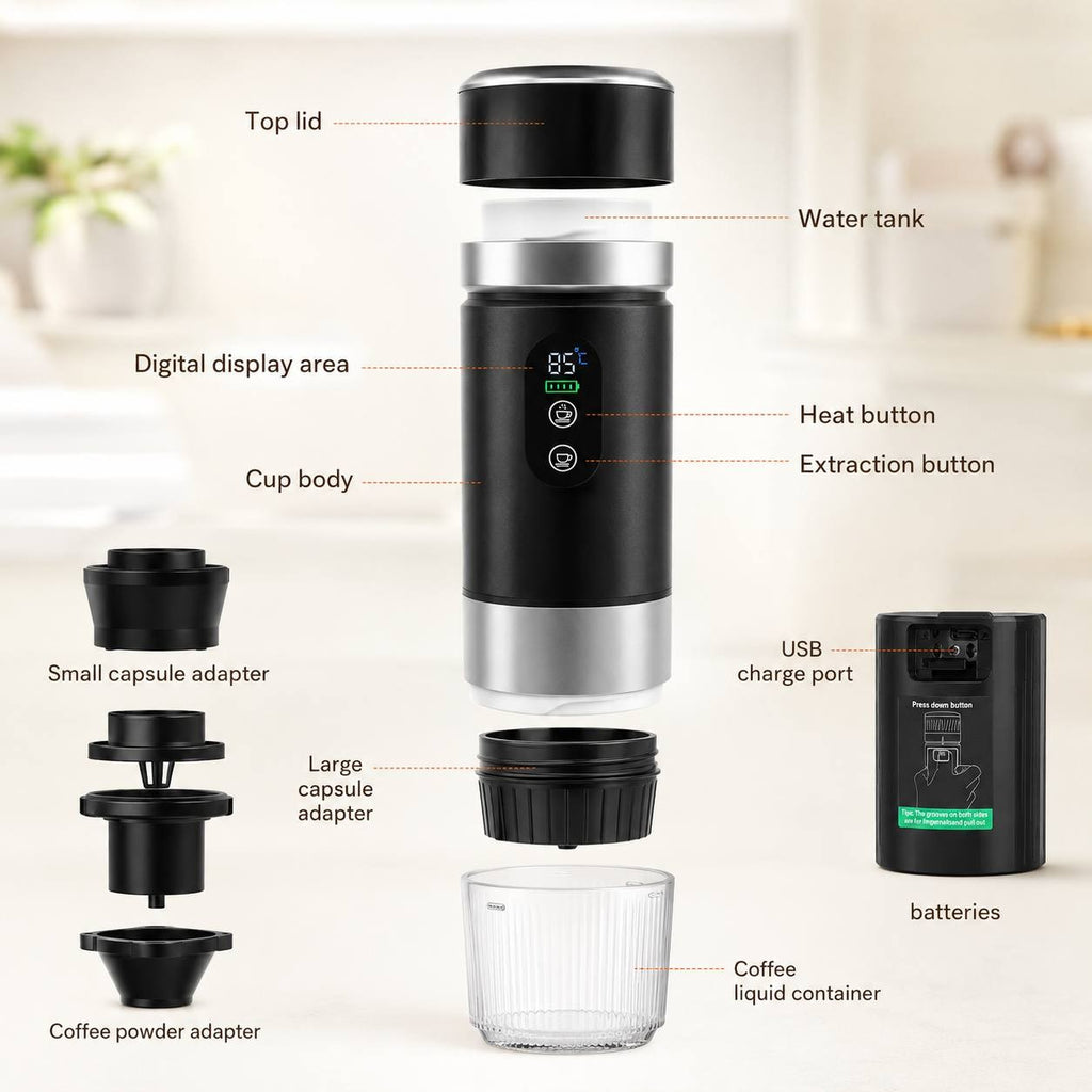 A detailed schematic view of the portable espresso maker with all its parts and adapters labeled.