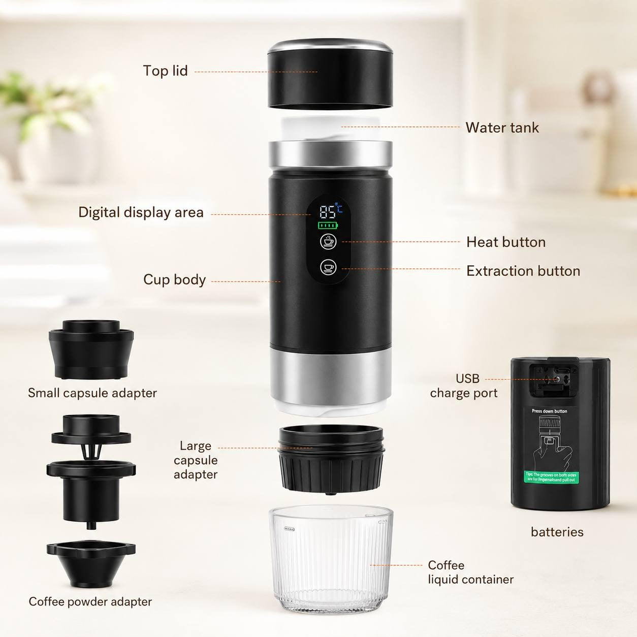 A detailed schematic view of the portable espresso maker with all its parts and adapters labeled.