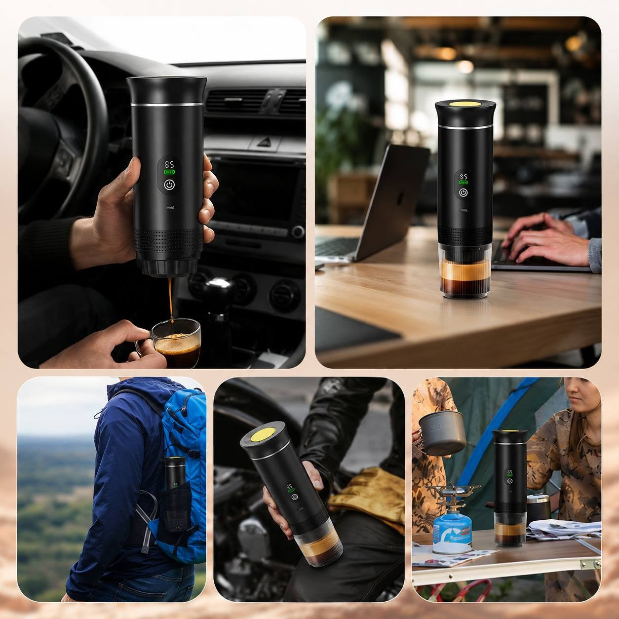 Lifestyle collage showing a portable espresso maker being used in a car, office, and during outdoor camping trips.