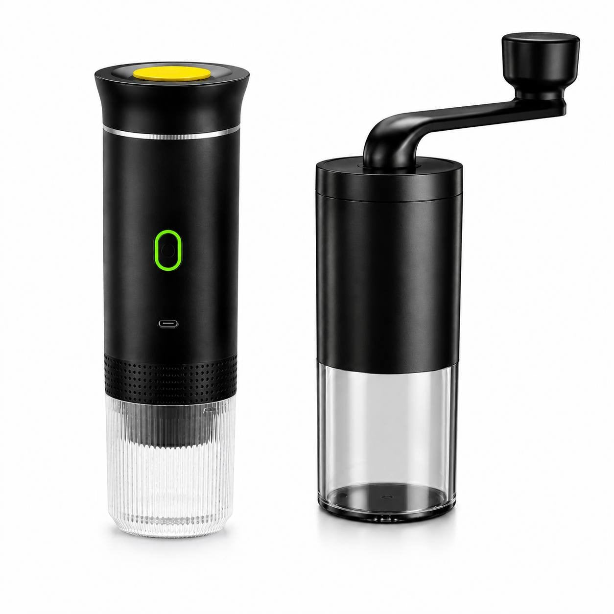 Portable espresso maker and manual coffee grinder.