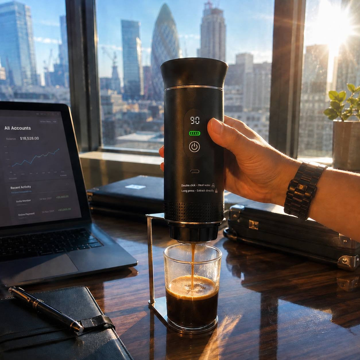 Portable electric espresso maker brewing fresh coffee at an office desk with a city view.