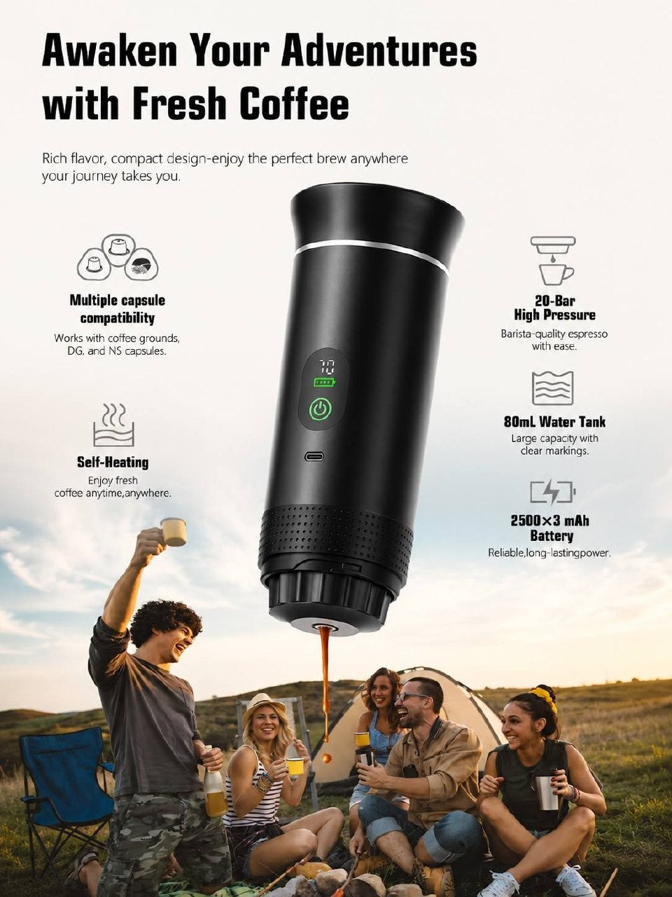Portable electric espresso maker for outdoor adventures, featuring high-pressure brewing and self-heating capabilities for camping.