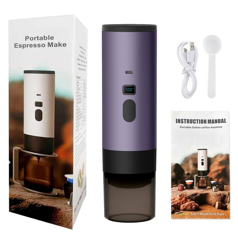 Portable espresso maker with packaging, cable, and spoon on a white background