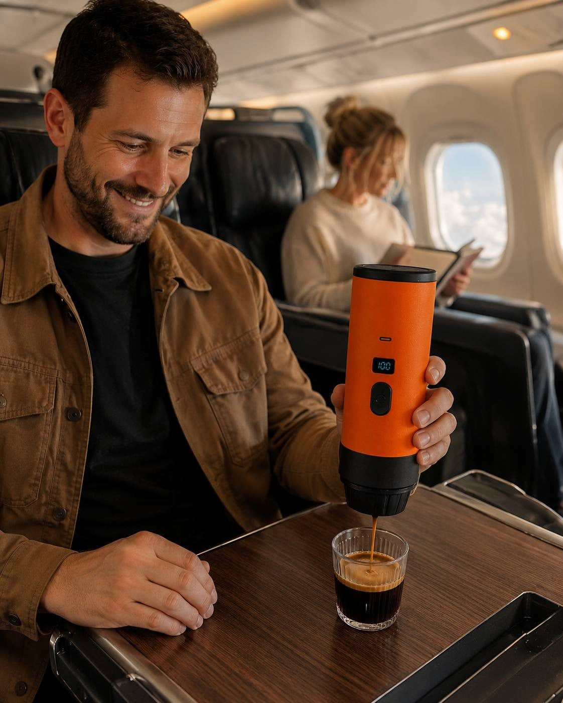 A man smiling while preparing fresh espresso using an orange portable coffee maker on a commercial airplane tray table.