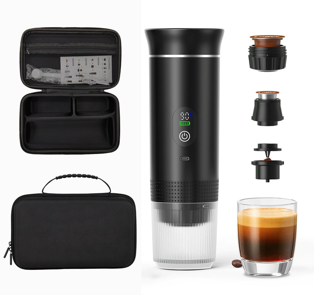 Portable espresso maker set including a travel case, various brewing accessories, and a freshly brewed shot of espresso on a white background.