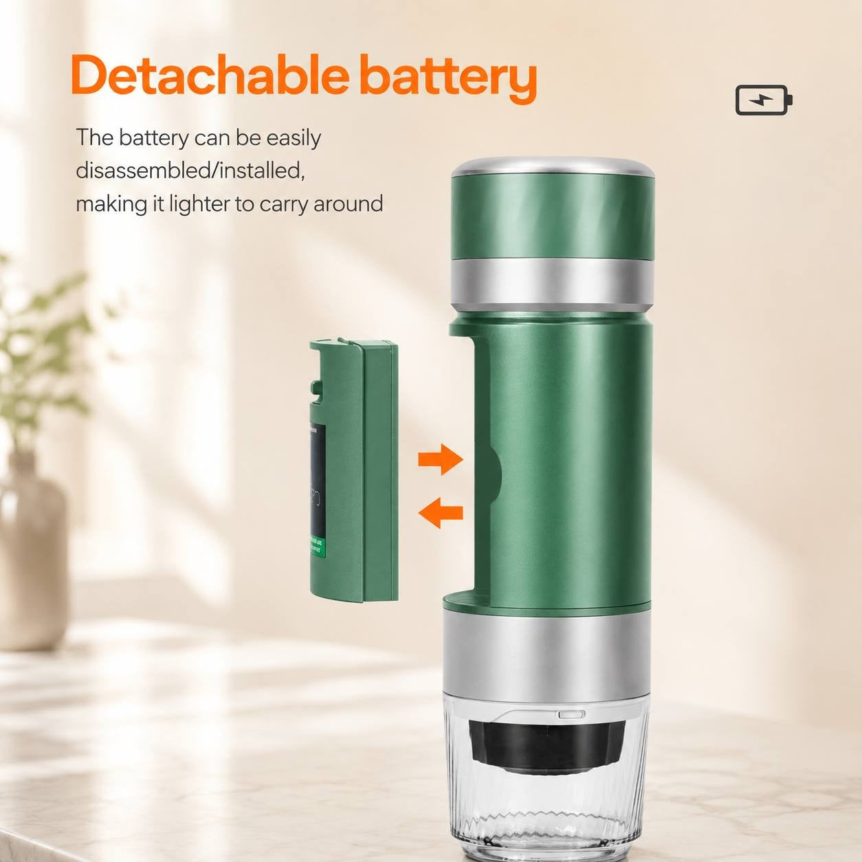 A portable espresso maker shown with its detachable battery component.