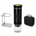 Portable espresso maker set with stainless steel stand and protective carrying case for travel.