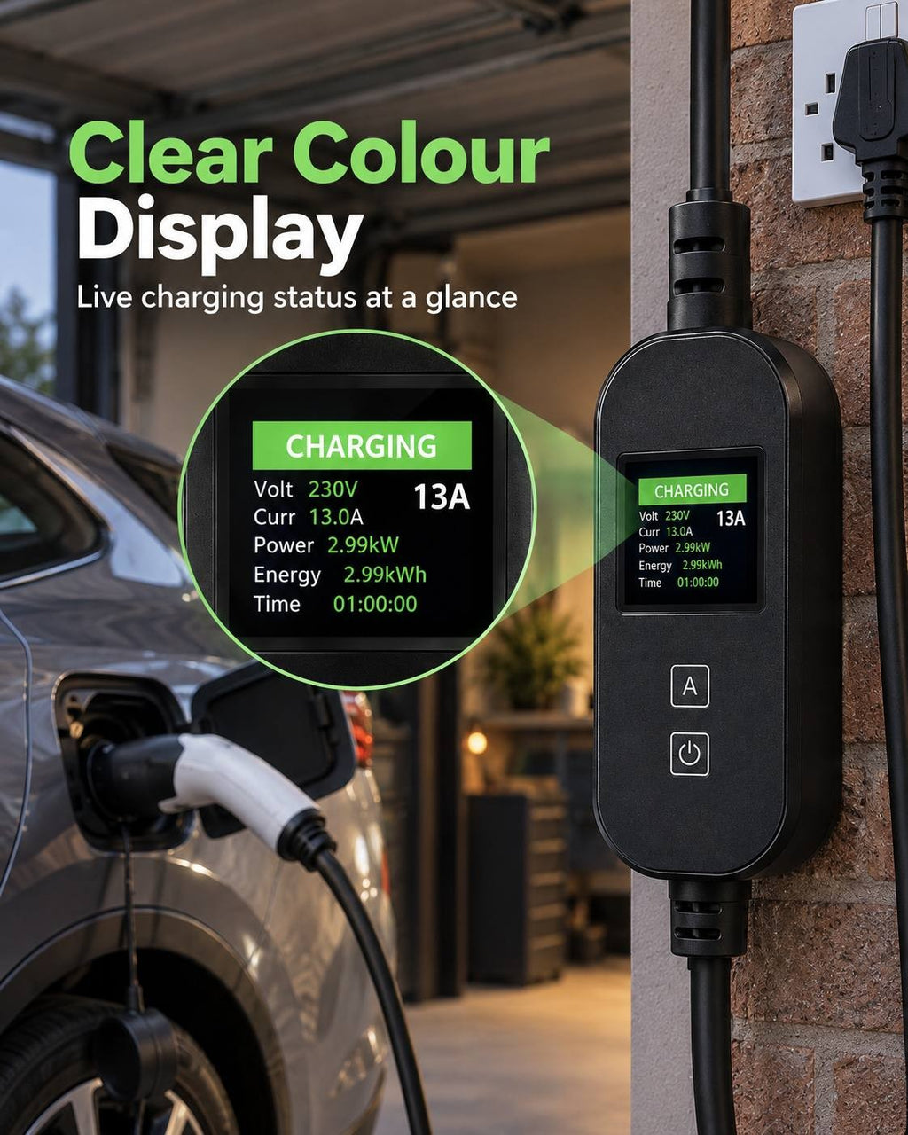 Promotional image highlighting the clear colour display of the portable EV charger, showing live charging status metrics such as voltage, current, power, energy, and time.
