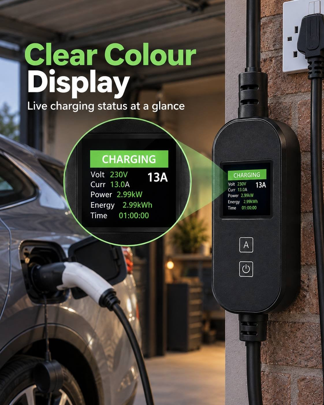 Promotional image highlighting the clear colour display of the portable EV charger, showing live charging status metrics such as voltage, current, power, energy, and time.