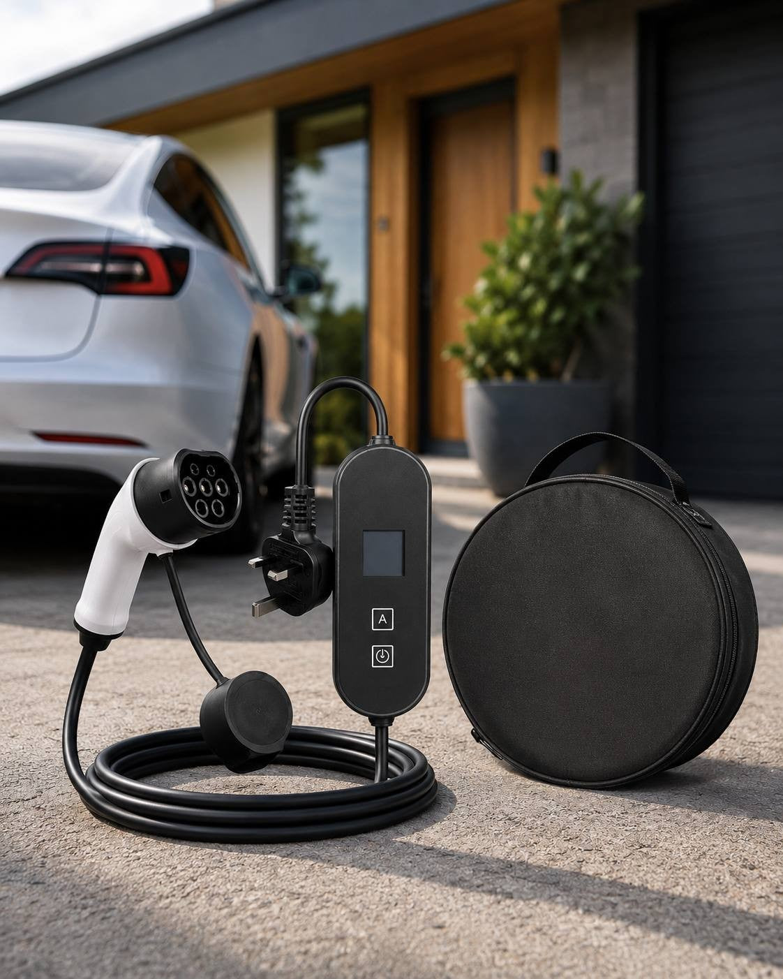 A complete portable EV charger with a control box, UK plug, coiled cable, and a round black zippered storage bag displayed on the ground outside a modern house with a white car