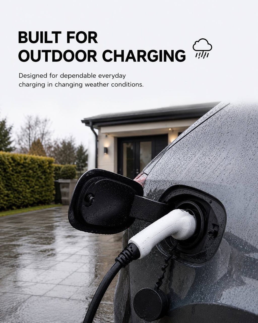 A grey electric vehicle plugged in and charging with a white and black Type 2 connector in a residential driveway during a rainy day, with text overlay reading "BUILT FOR OUTDOOR CHARGING".