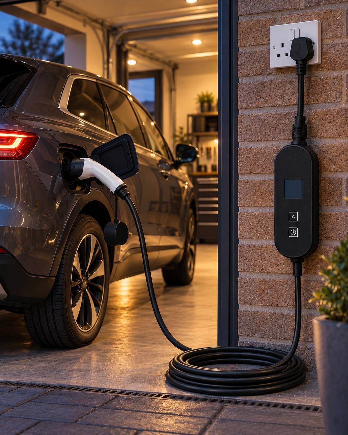 Detailed lifestyle shot of a portable EV charger connected to an electric vehicle parked inside a garage, showing the British 3-pin plug in the wall socket, the control unit, and the charging cable.