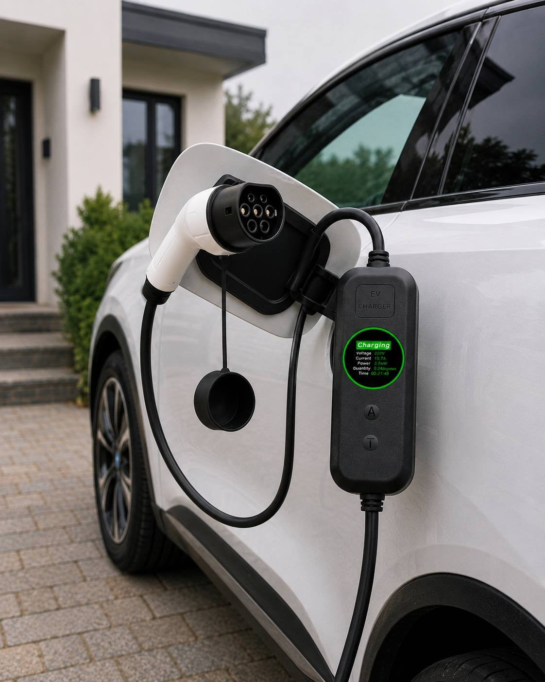 A portable EV charger plugged into the charging port of a white electric car parked in a driveway, showing an active green digital display screen on the control box.
