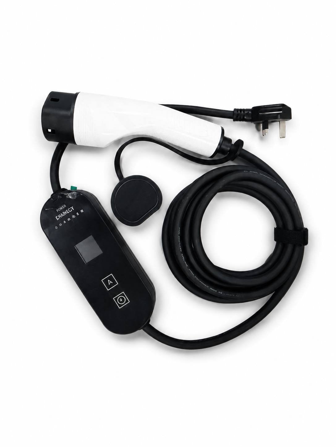 A top-down view of a portable EV charger featuring a white Type 2 connector, a black control box with a digital display screen and buttons, a coiled cable, and a 3-pin UK plug.