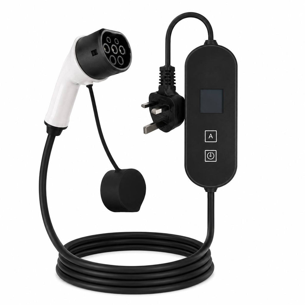 Studio product shot of a portable EV charger with a white Type 2 connector, black control box with a display and control buttons, UK 3-pin plug, and a coiled black cable on a white background.