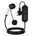 Studio product shot of a portable EV charger with a white Type 2 connector, black control box with a display and control buttons, UK 3-pin plug, and a coiled black cable on a white background.