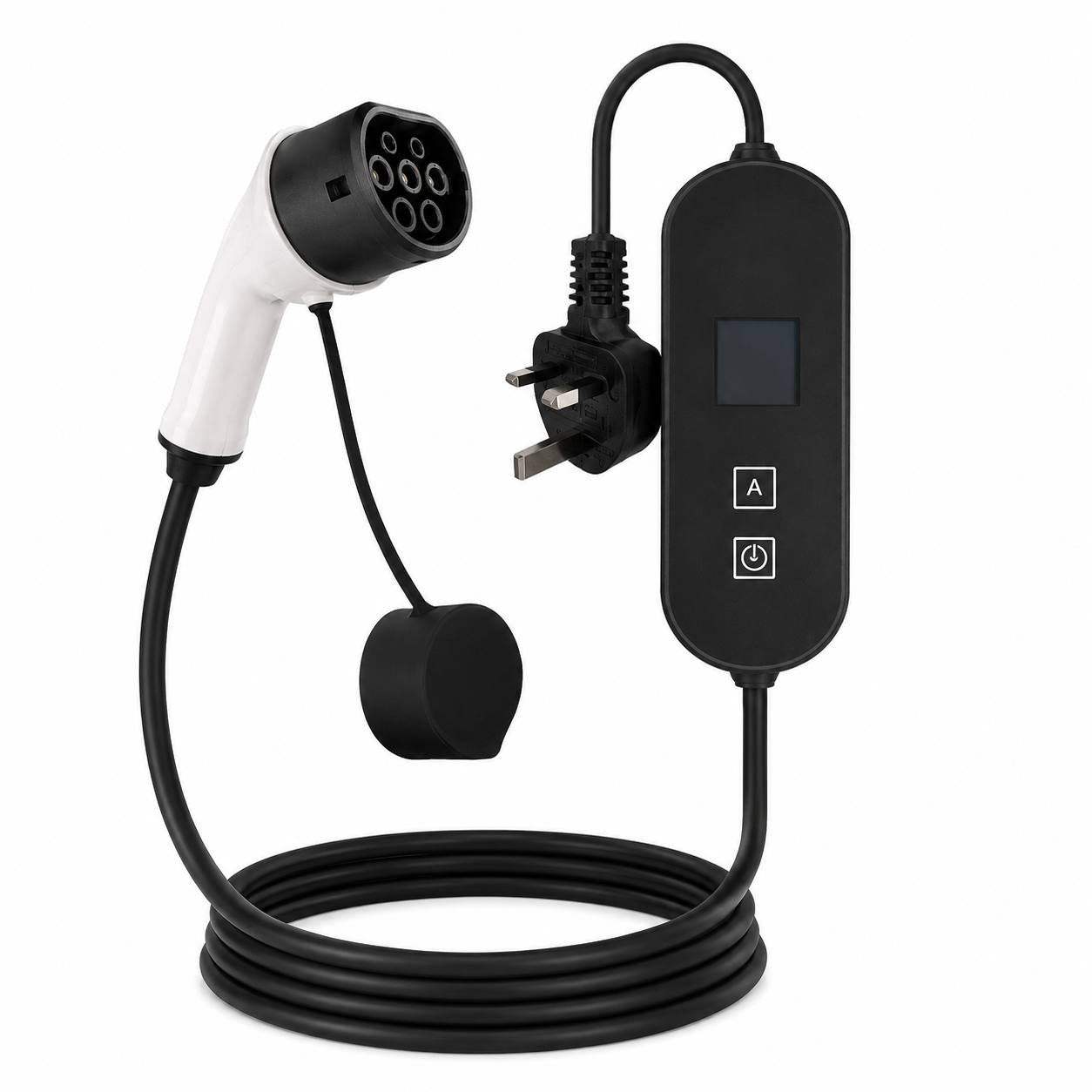 Studio product shot of a portable EV charger with a white Type 2 connector, black control box with a display and control buttons, UK 3-pin plug, and a coiled black cable on a white background.