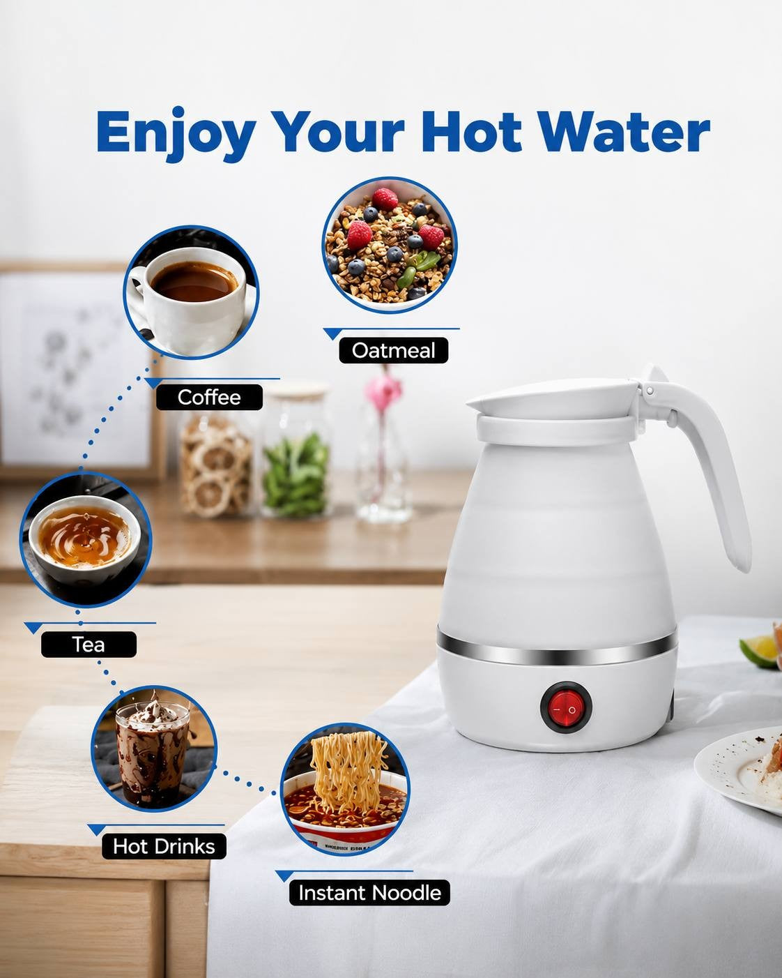 Foldable electric kettle in white, displayed on a table with infographics for preparing hot water, coffee, tea, oatmeal, and instant noodles.