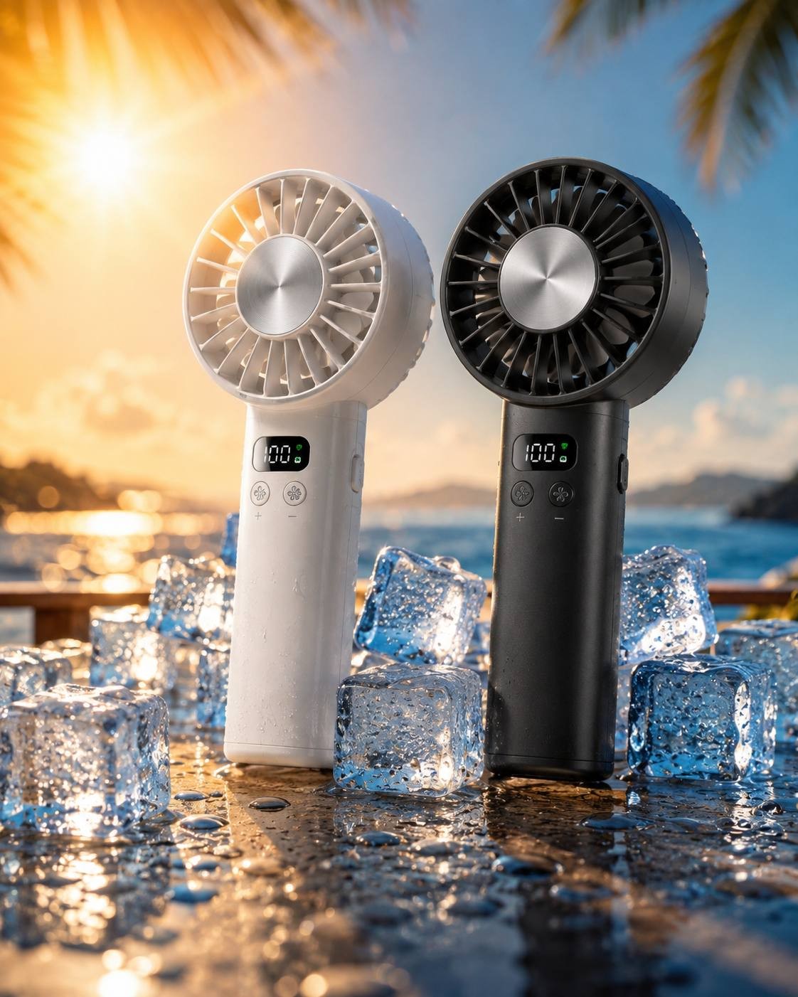 Black and white portable cooling fans standing upright on a wet surface with scattered ice cubes against an ocean sunset and palm tree backdrop.