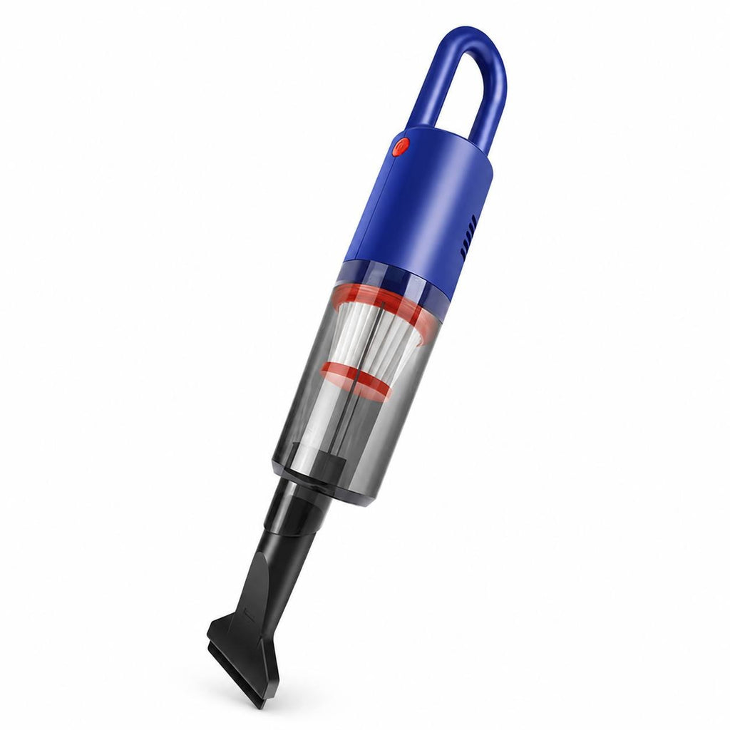 Studio product shot of a blue and black portable handheld vacuum cleaner with a nozzle attachment against a clean white background