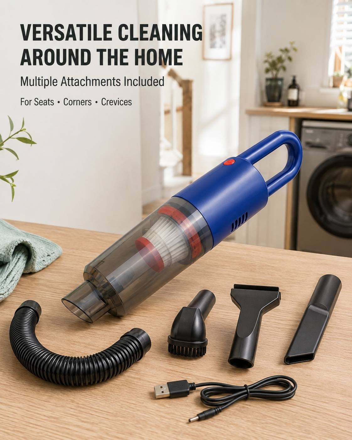 A blue portable handheld vacuum cleaner displayed on a wooden table alongside its included accessories, including a flexible hose, brush nozzle, flat nozzle, crevice tool, and USB charging cable.