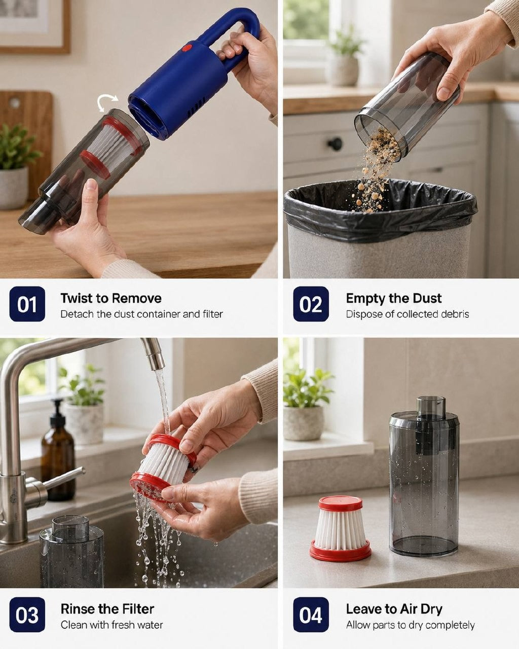 A four-step instructional infographic showing how to clean a blue portable handheld vacuum cleaner: 01 Twist to Remove the dust container, 02 Empty the Dust into a bin, 03 Rinse the Filter under a tap, and 04 Leave to Air Dry completely.