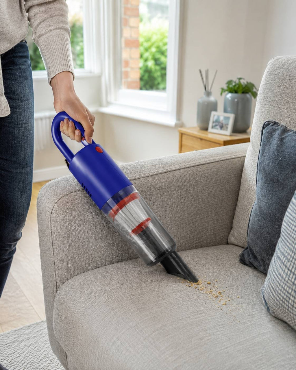 A person using a blue portable handheld vacuum cleaner to clean up crumbs on a light grey fabric sofa in a bright living room.