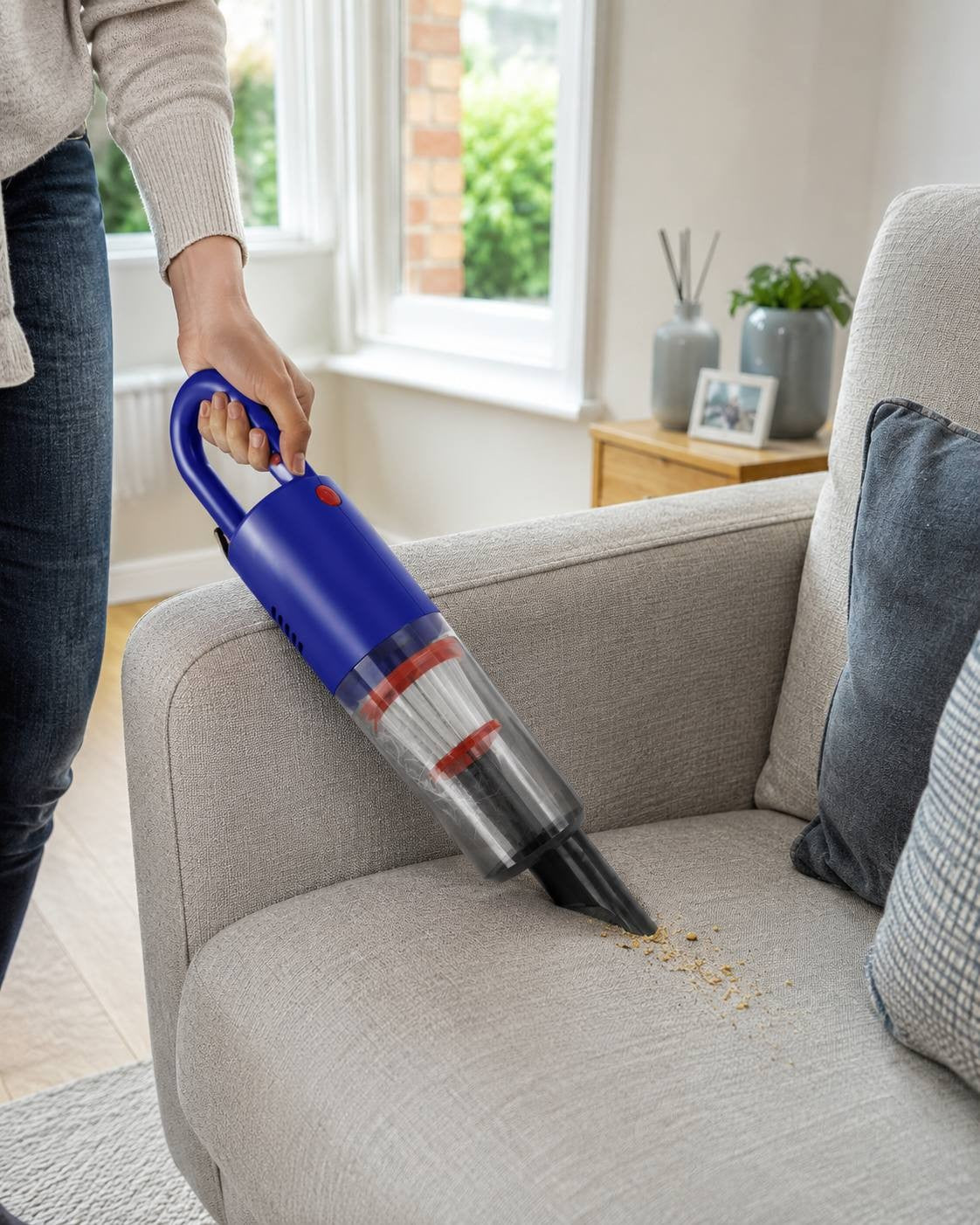 A person using a blue portable handheld vacuum cleaner to clean up crumbs on a light grey fabric sofa in a bright living room.