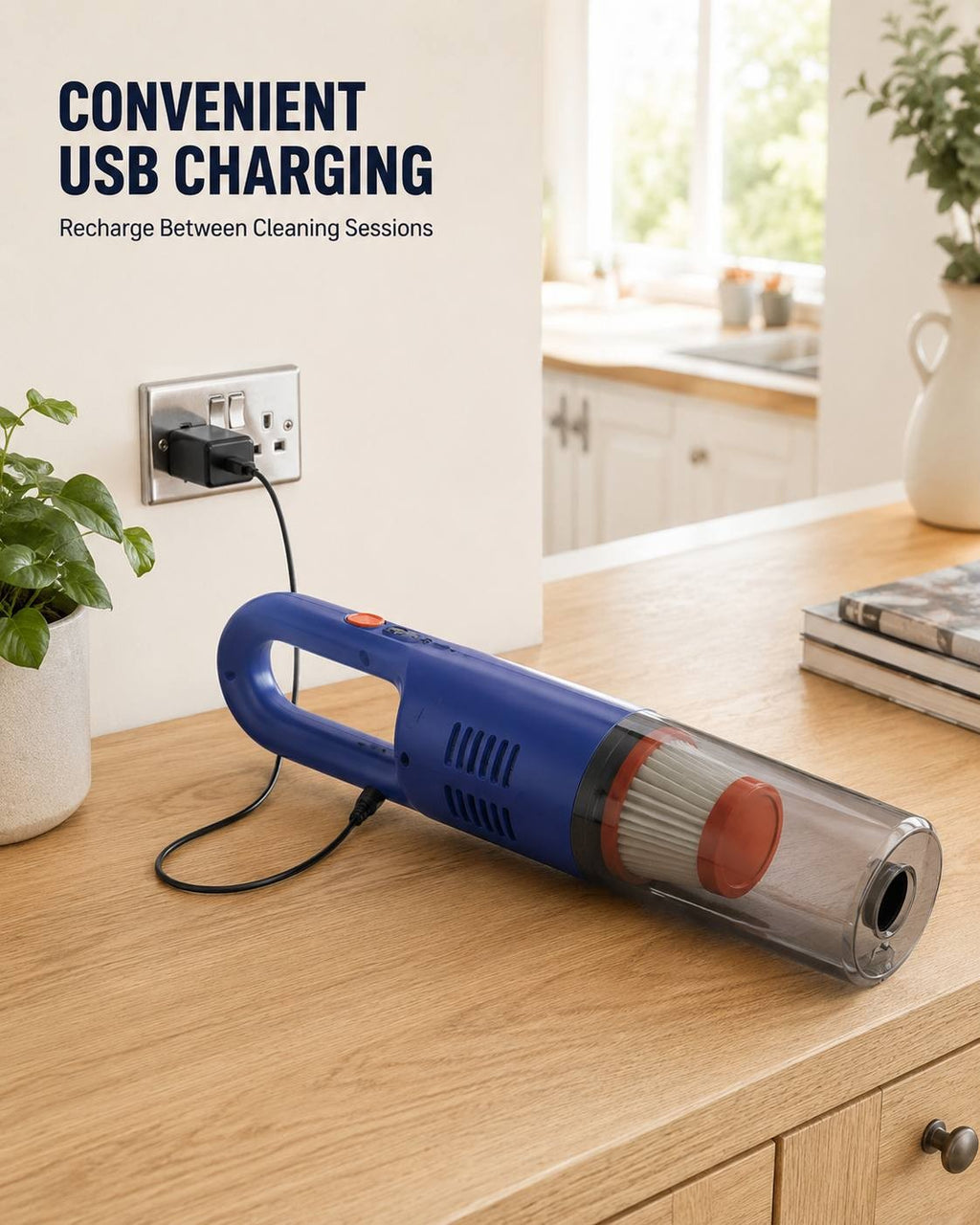 A blue portable handheld vacuum cleaner charging via a USB cable plugged into a wall outlet on a wooden kitchen countertop.