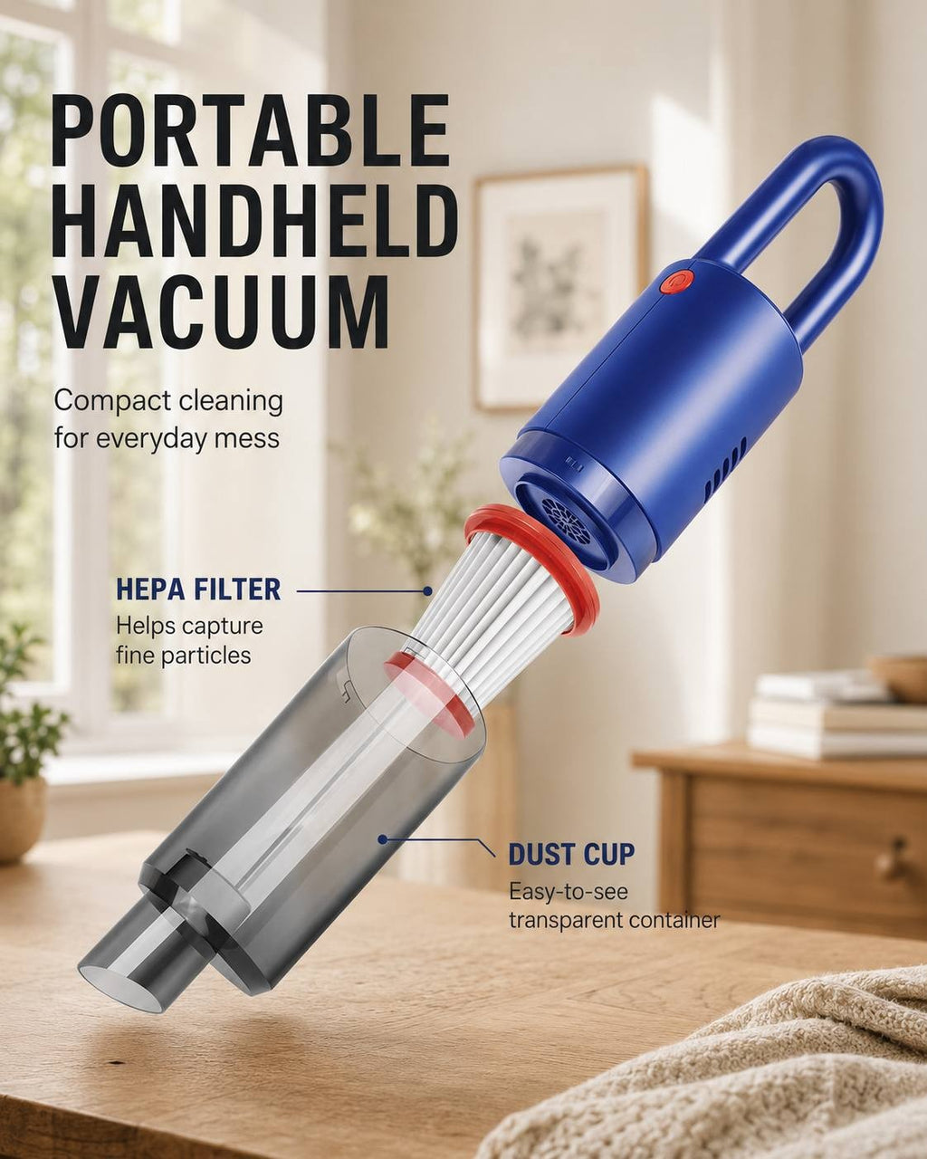 An informational graphic of a blue portable handheld vacuum cleaner showcasing its HEPA filter for capturing fine particles and a transparent easy-to-see dust cup container.