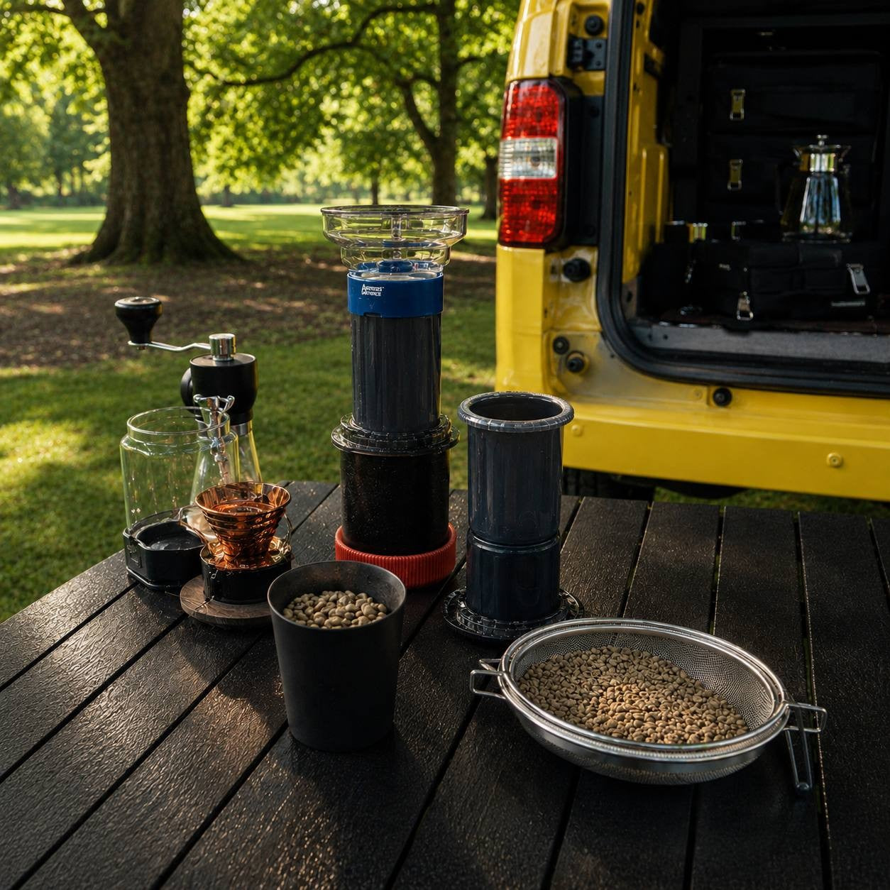Portable manual coffee bean roaster and green coffee beans in a bowl set up for outdoor roasting near a yellow camper van.