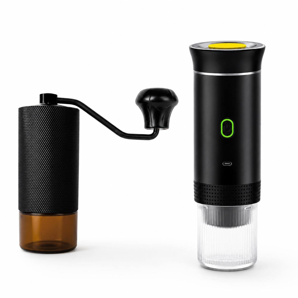 Portable manual coffee grinder next to a portable espresso maker on a white background, demonstrating a coffee brewing set