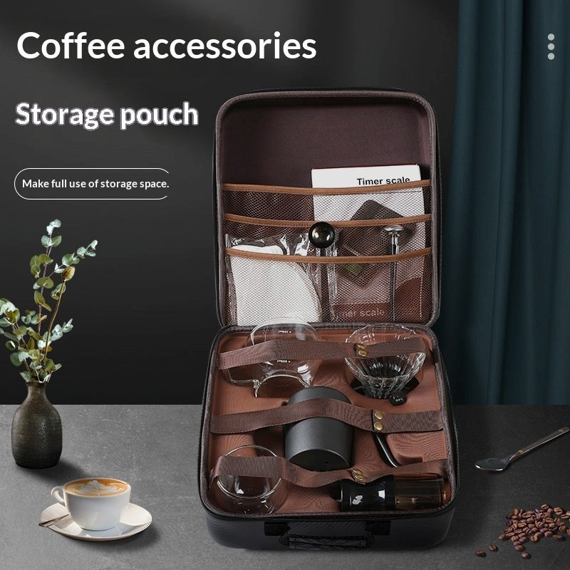 Coffee accessories storage pouch with coffee cup and plant on a dark surface