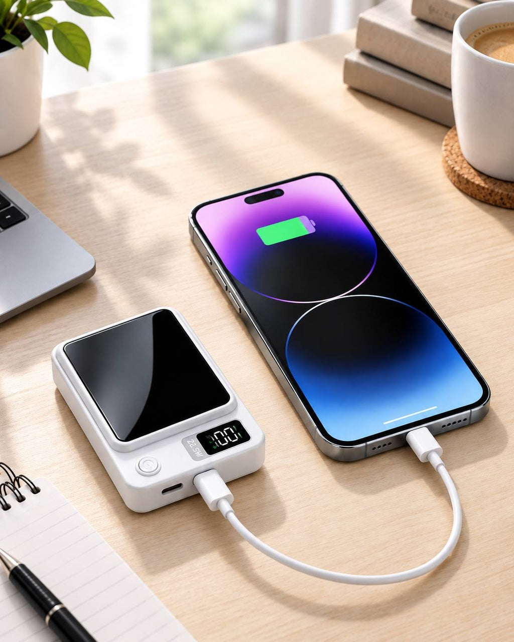 Lifestyle product photo of a white 22.5W power bank connected via cable to a smartphone lying on a wooden desk next to a notebook, laptop, and a cup of coffee.