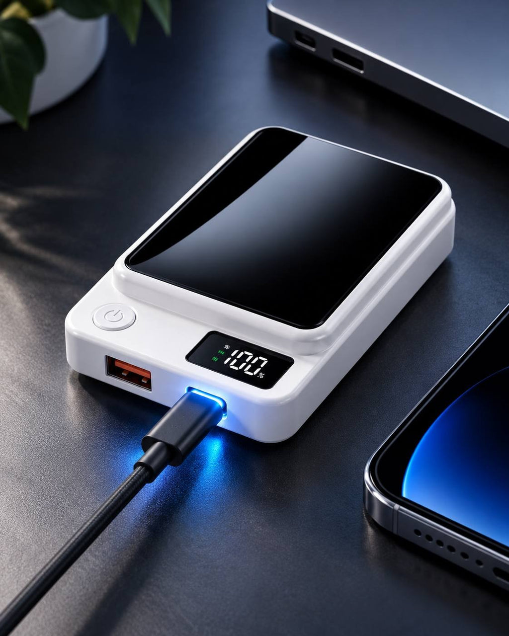 Product action photo of a white 22.5W power bank with a digital percentage display, actively charging a smartphone using a glowing USB-C cable on a dark desk surface.