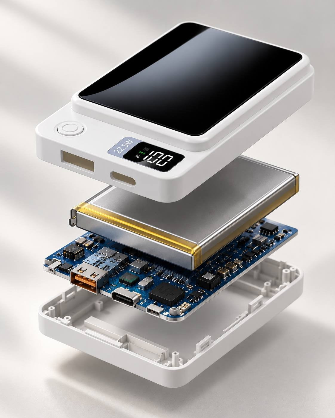 Exploded view graphic of the 22.5W fast charging power bank showing its internal structure, including the outer casing, circuit board, lithium battery cell, and digital display panel.