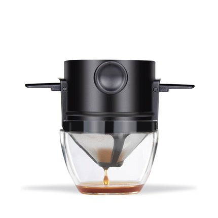 Black coffee maker with glass carafe on a white background