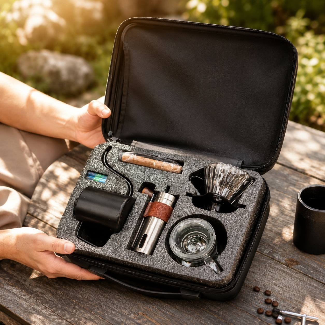Portable coffee brewing kit with various components in a carrying case.