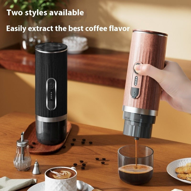 Two handheld coffee makers on a wooden table with coffee being extracted.