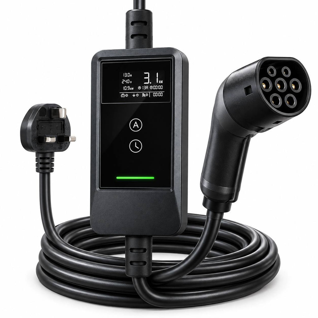 Product view of a portable Type 2 EV charger featuring a UK 3-pin plug, control box with digital display and touch buttons, and a long charging cable