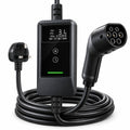 Product view of a portable Type 2 EV charger featuring a UK 3-pin plug, control box with digital display and touch buttons, and a long charging cable