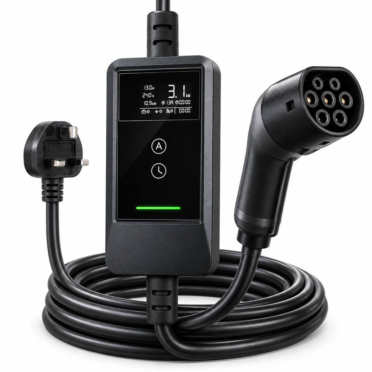 Product view of a portable Type 2 EV charger featuring a UK 3-pin plug, control box with digital display and touch buttons, and a long charging cable