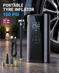 Promotional graphic titled "Portable Tyre Inflator 150 PSI" displaying the black air compressor alongside a USB charging cable, flexible hose, and various nozzle attachments on a paved surface near a car.
