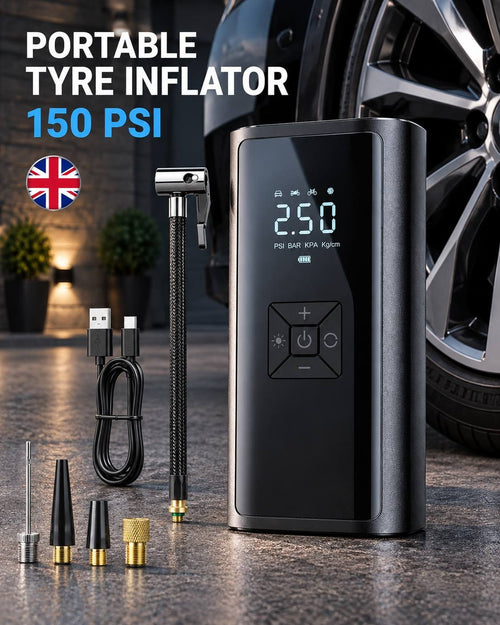 Promotional graphic titled "Portable Tyre Inflator 150 PSI" displaying the black air compressor alongside a USB charging cable, flexible hose, and various nozzle attachments on a paved surface near a car.