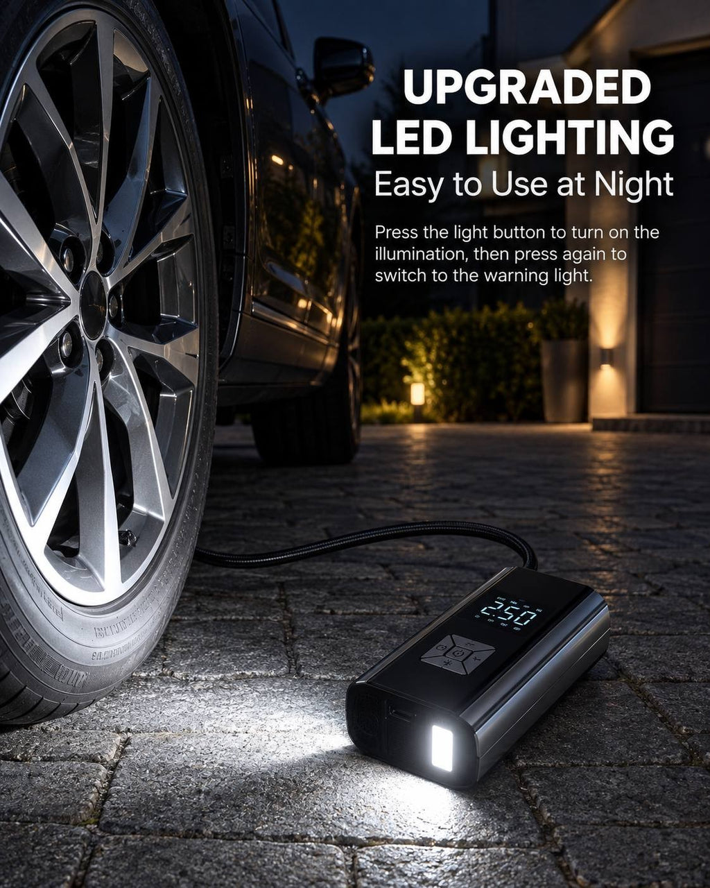 Promotional image titled "Upgraded LED Lighting, Easy to Use at Night" showing a black portable air compressor illuminating the ground next to a car tire in a driveway at night.
