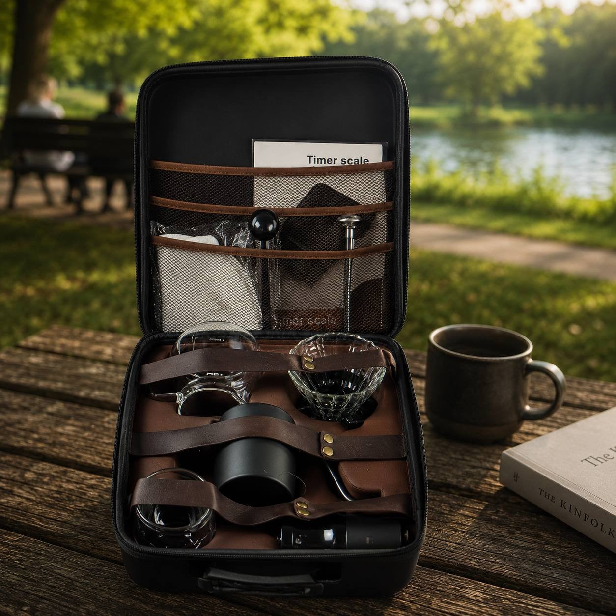 An open black carrying case on a wooden table outdoors, displaying a coffee brewing set with glass carafes, a scale, a timer, and brown leather straps. A blurred park scene with trees, a bench, and a lake is in the background, along with a dark mug and a book on the table.