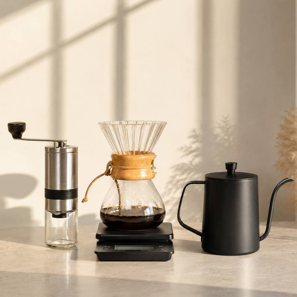 Pour over coffee brewing set kettle grinder.