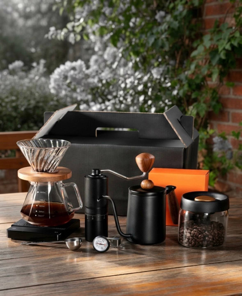 barista manual coffee brewing kit with accessories and a black carrying box placed on an outdoor table.