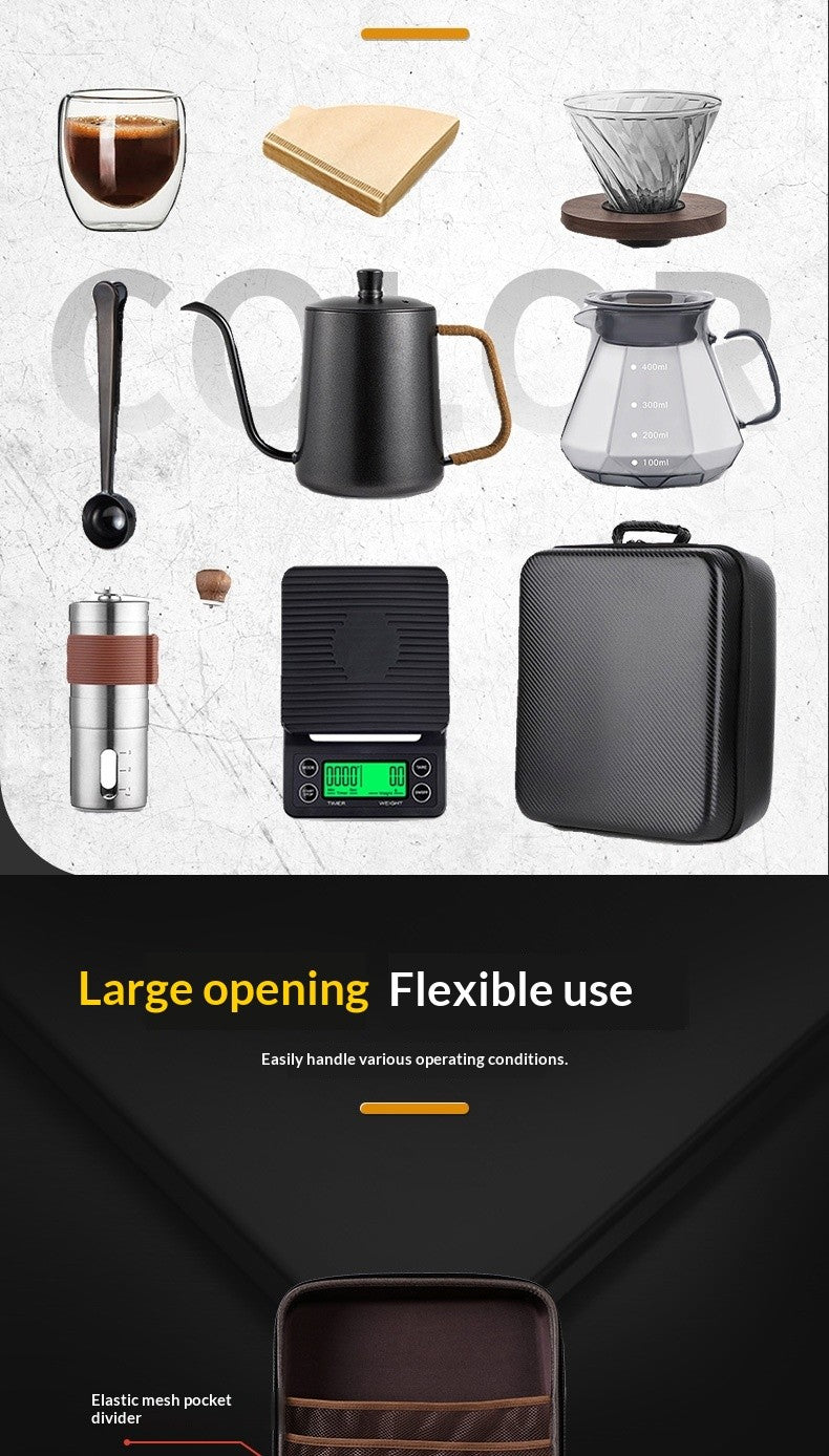 Collection of coffee-making equipment and accessories on a light gray background.pour-over-coffee-maker-set-dimensions-preview